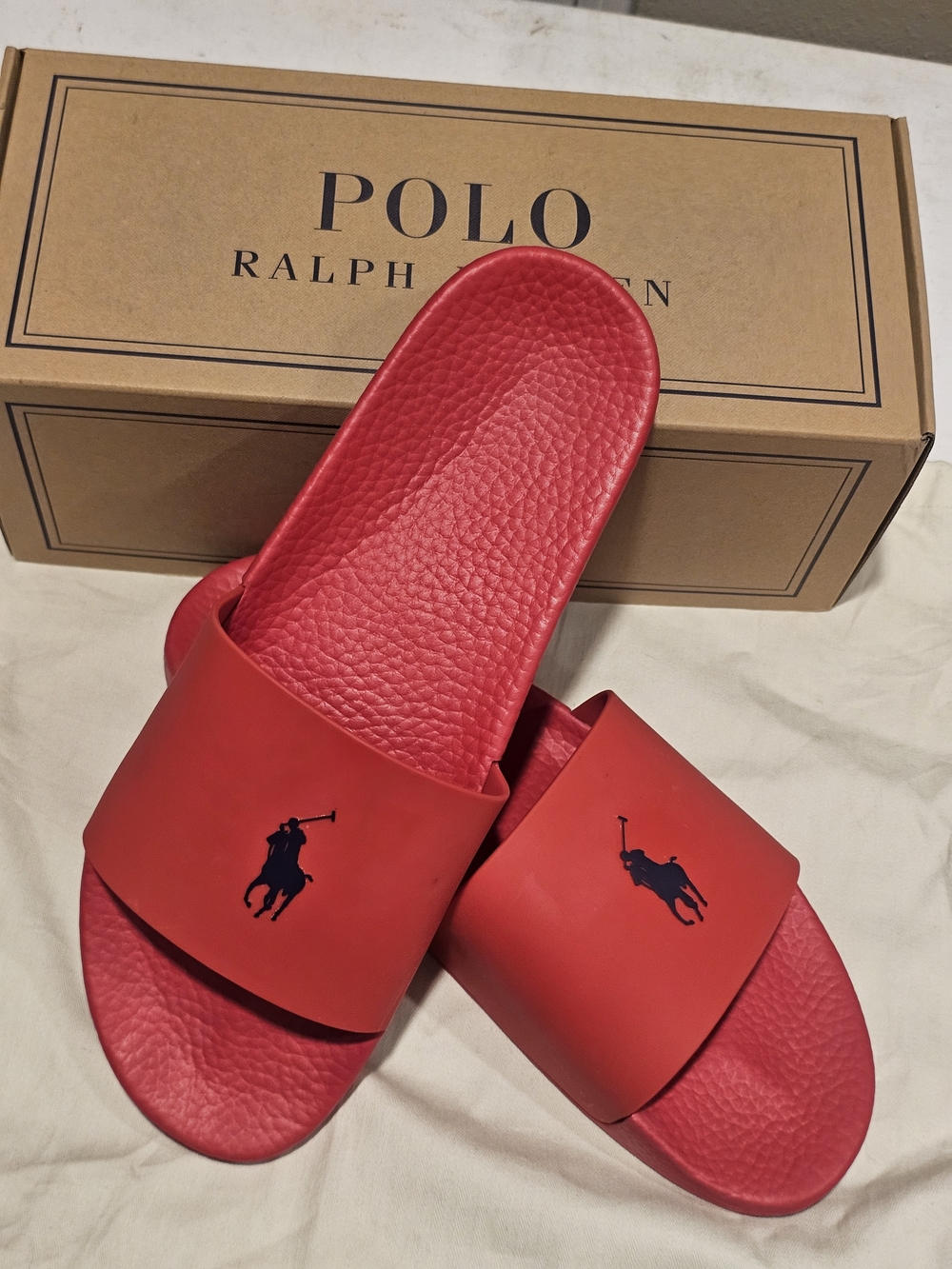 Polo Ralph Lauren Red Slide Sandals Navy Blue Pony Logo Men's 14 EU 47 - Picture 2 of 9